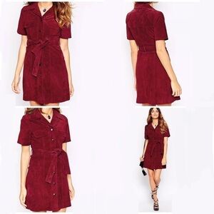 ASOS Red Leather Suede Shirt Dress Belted SIZE 12 70s Retro Style NEW